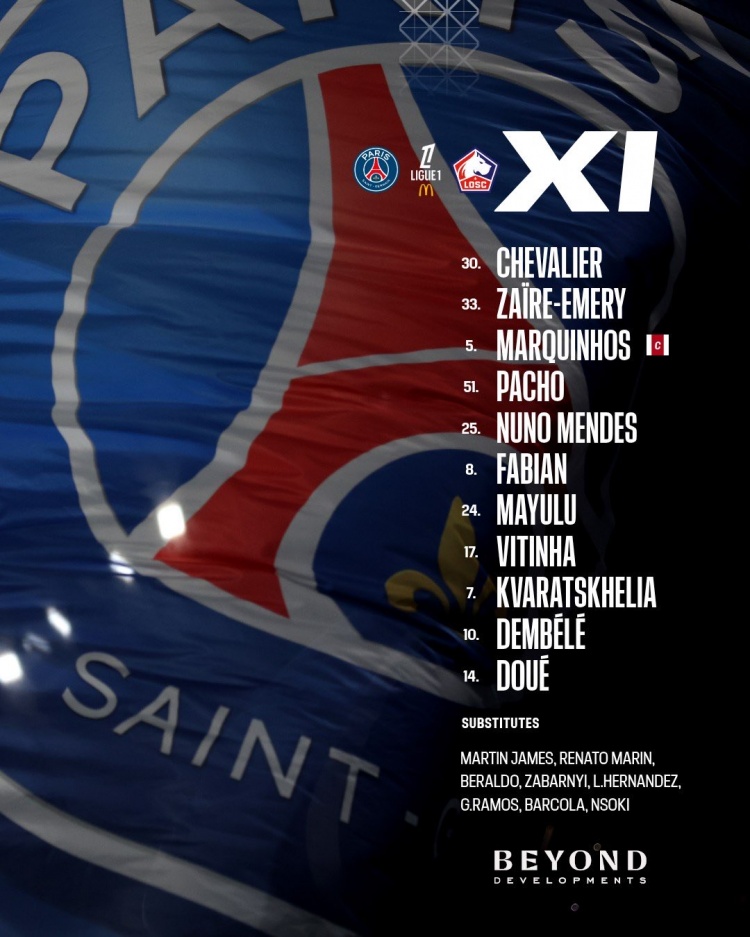 世界杯高清赛事直播地址-巴黎VS里尔首发:登贝莱、维蒂尼亚领衔,杜埃、K77、门德斯出战